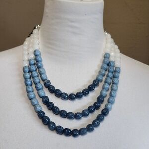 Three Strand Beaded Necklace Blue White‎ Statement Fashion Jewelry